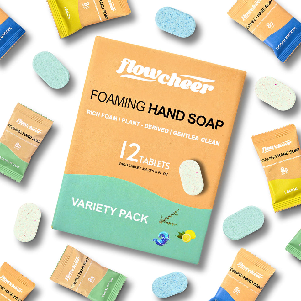 flowcheer front packaging showing eco carton and refill tablet benefits
