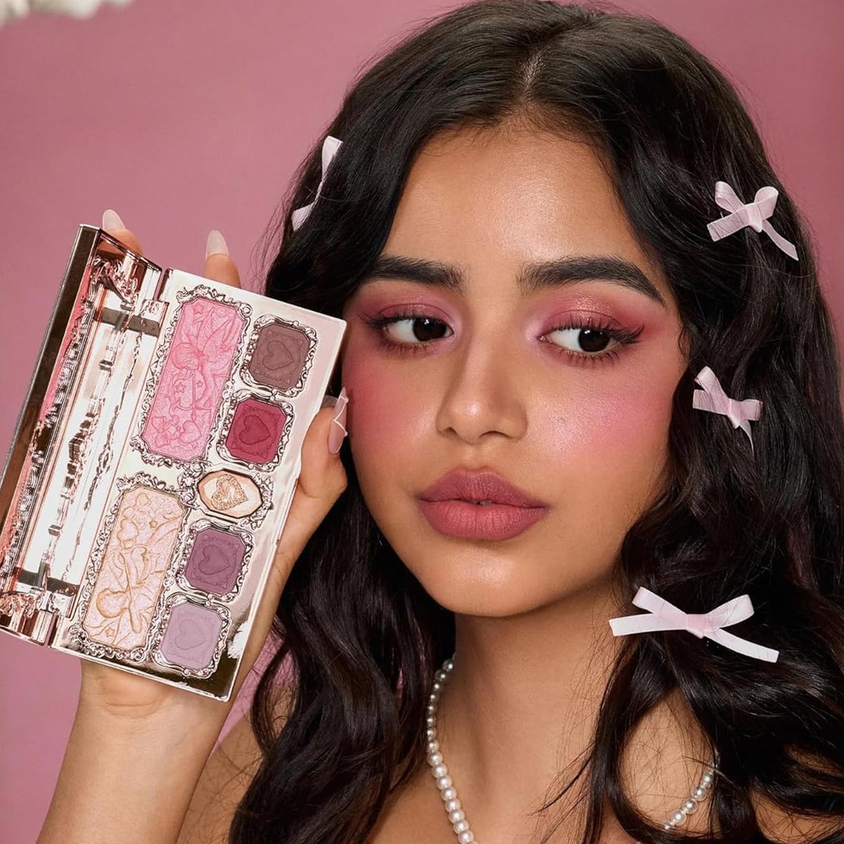Flower Knows model wearing palette shades for natural pink eye definition