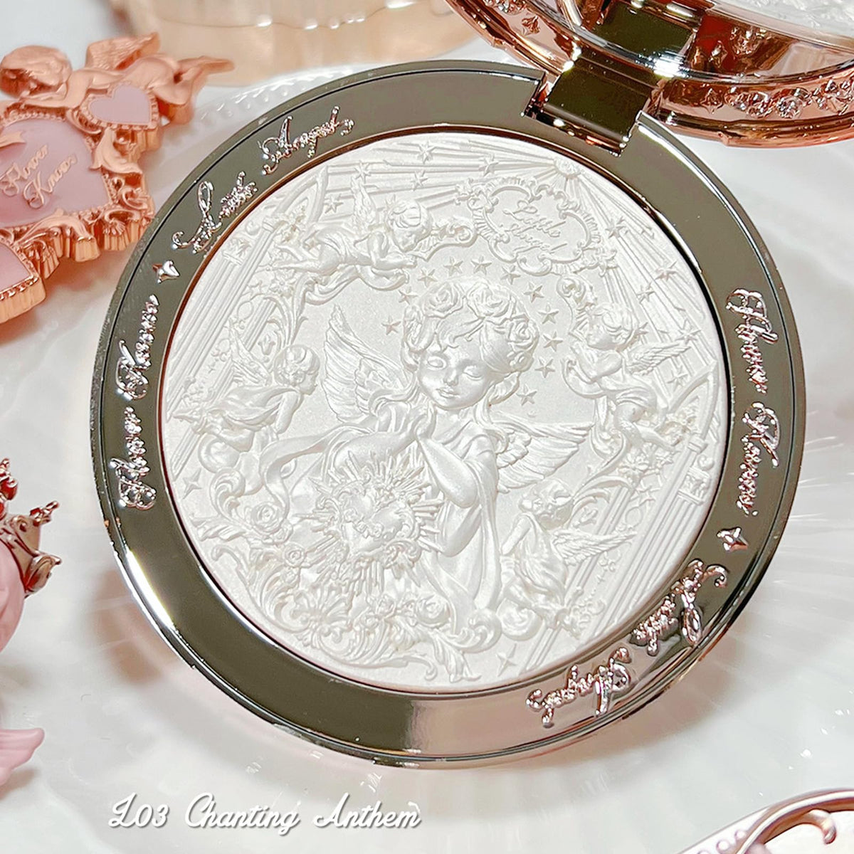 Flower Knows compact open sideview showing pan size and mirror interior benefit: convenient touch-ups