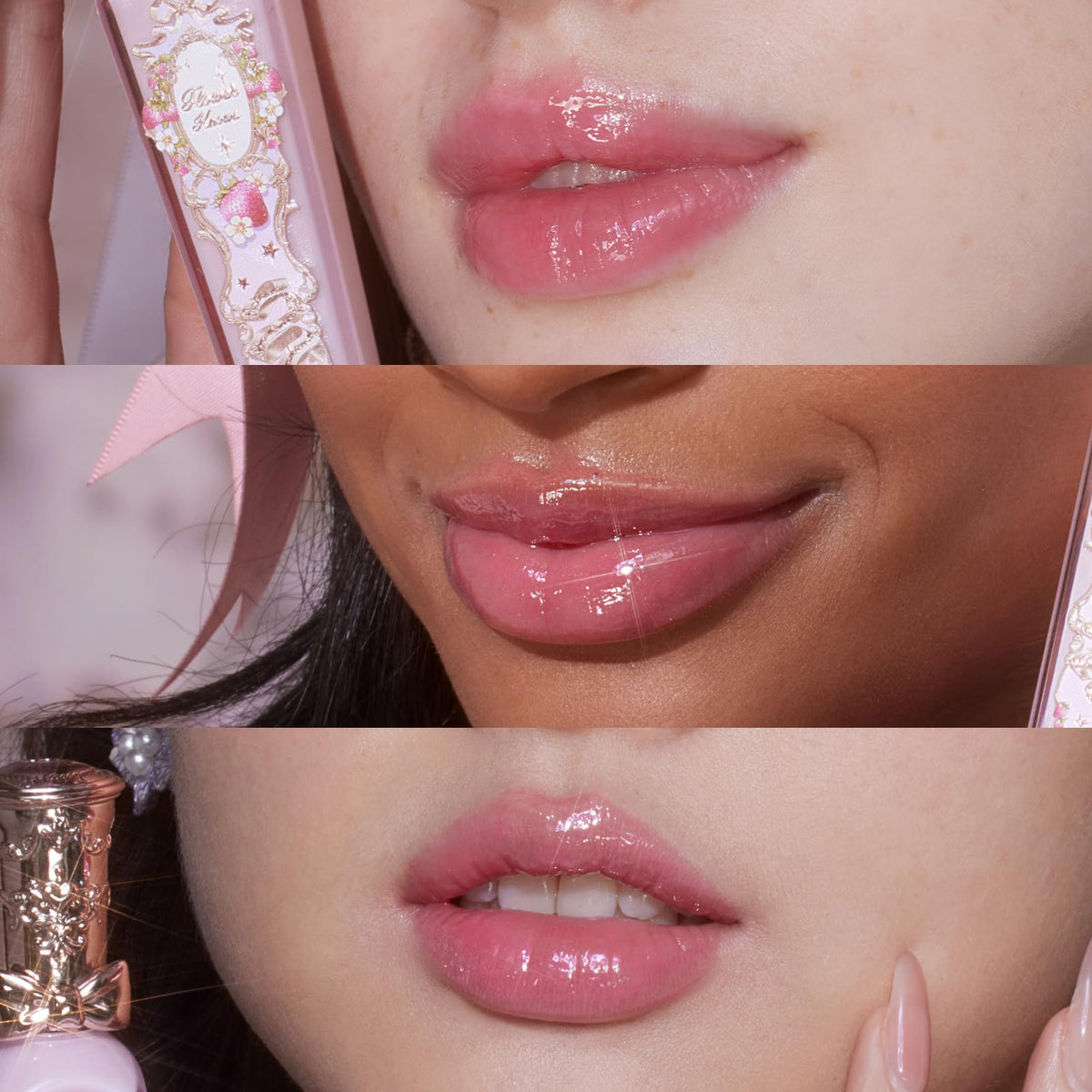 Flower Knows gloss texture swipe showing smooth hydrating shine benefit