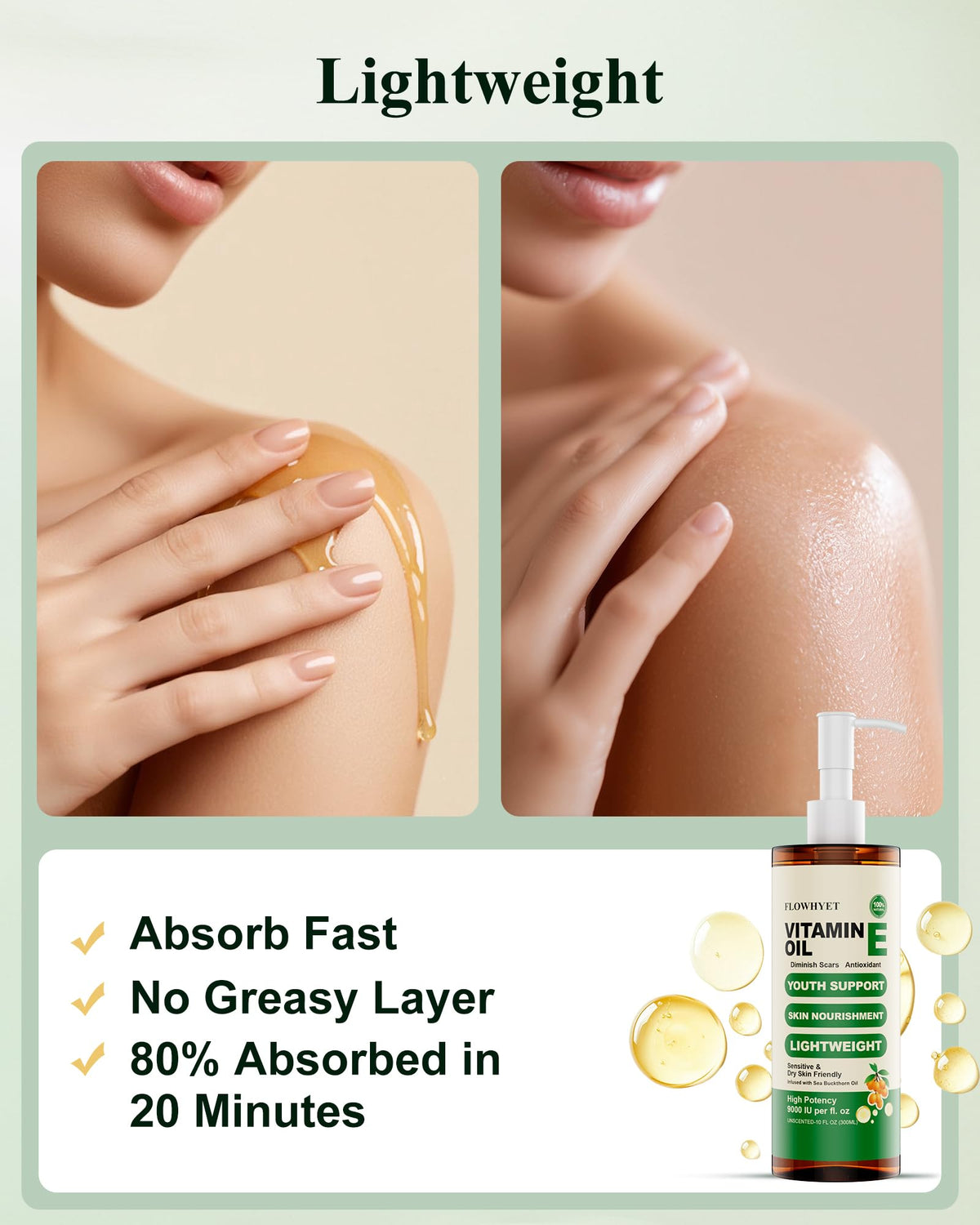 FLOWHYET close-up oil drop pouring to show smooth absorption benefit