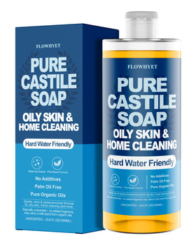 FLOWHYET front bottle showing size and unscented organic castile soap benefits