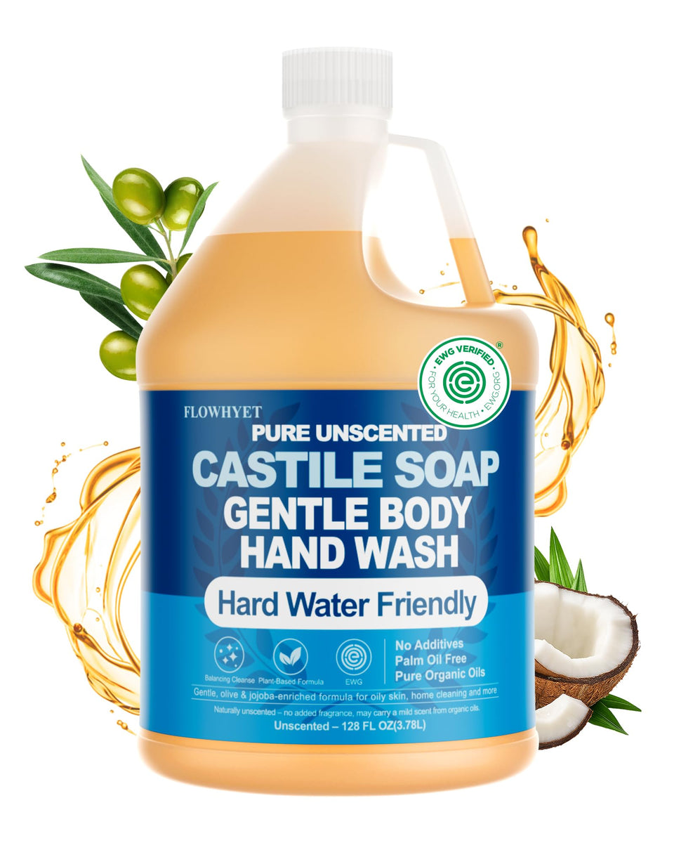 FLOWHYET gallon front label showing organic castile benefits and refill value