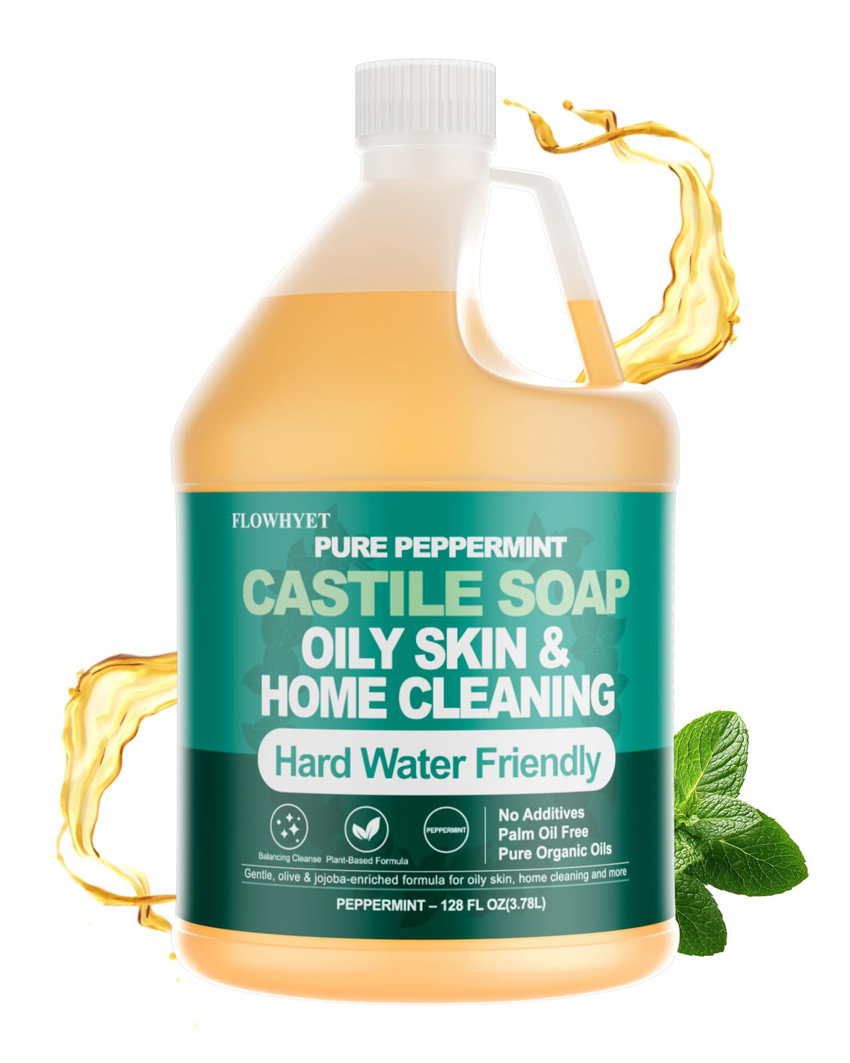 FLOWHYET gallon front label showing product name and peppermint benefit