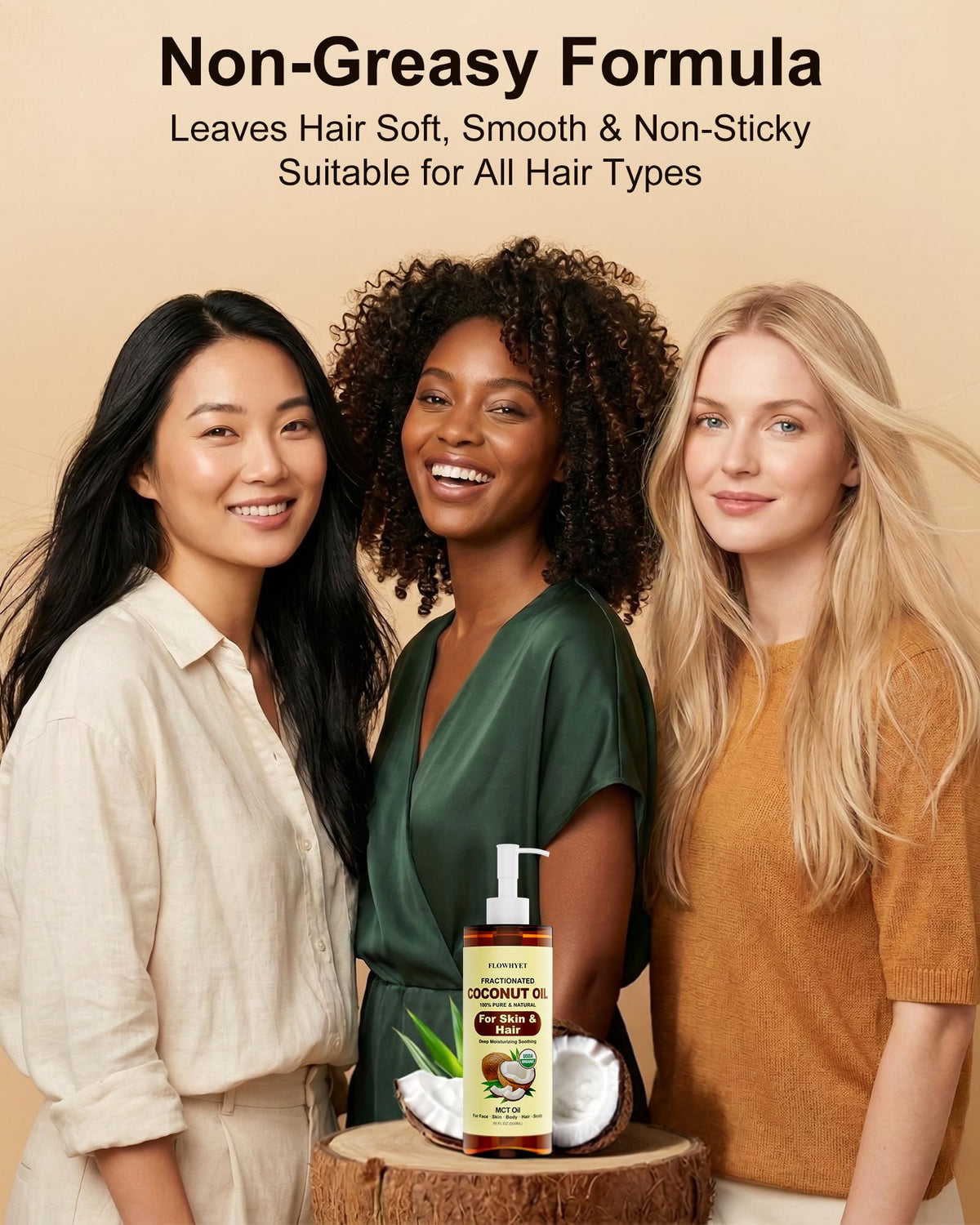 FLOWHYET used on hair ends illustrating lightweight nourishment without weighing hair down