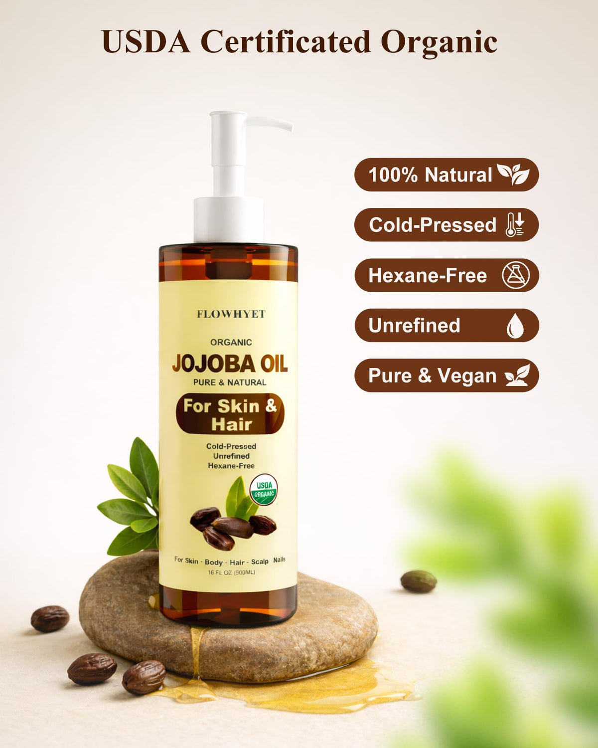 FLOWHYET glass bottle close-up highlighting organic cold-pressed label benefit