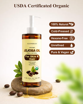 FLOWHYET glass bottle close-up highlighting organic cold-pressed label benefit