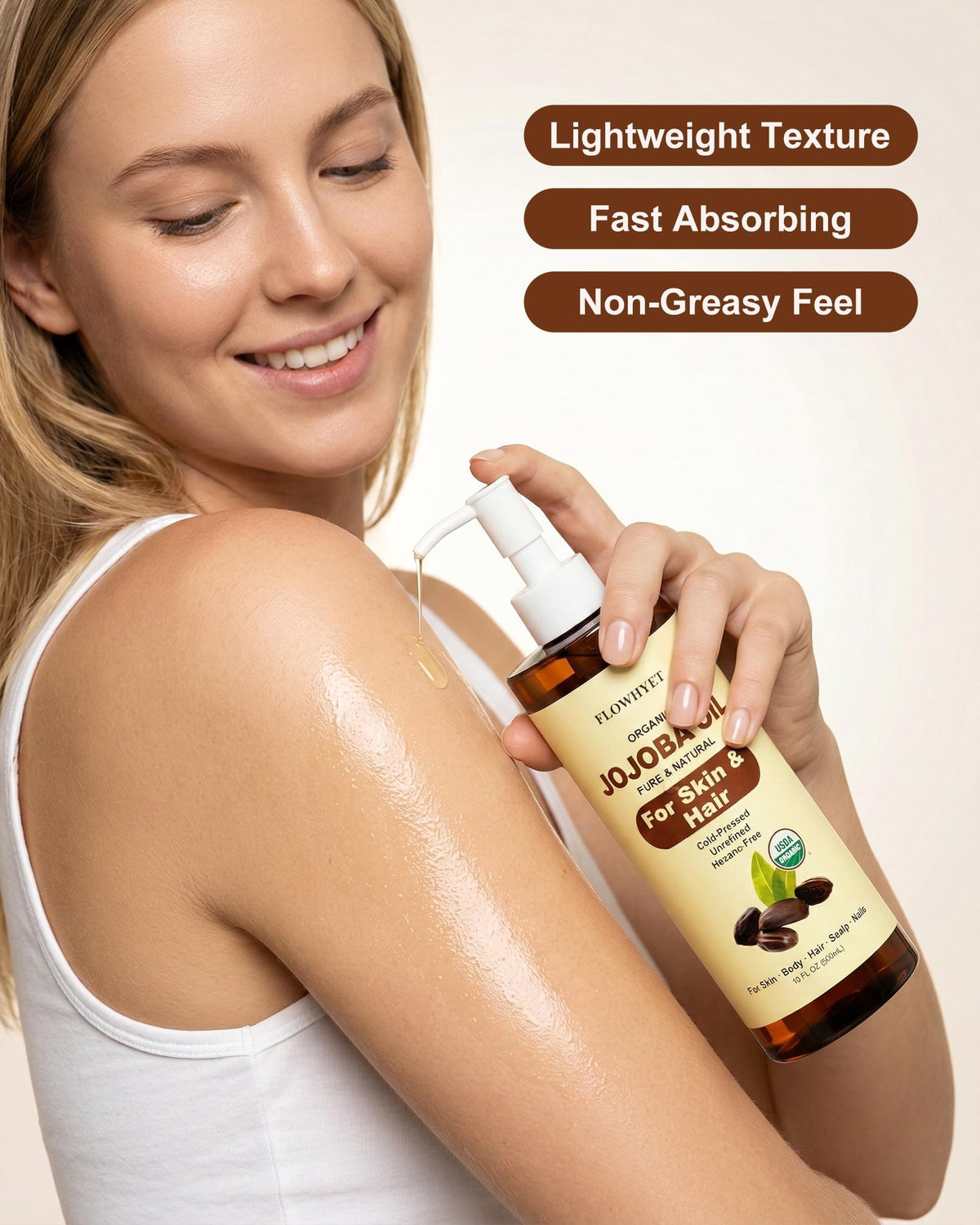 FLOWHYET pouring oil texture close-up showing lightweight absorption benefit