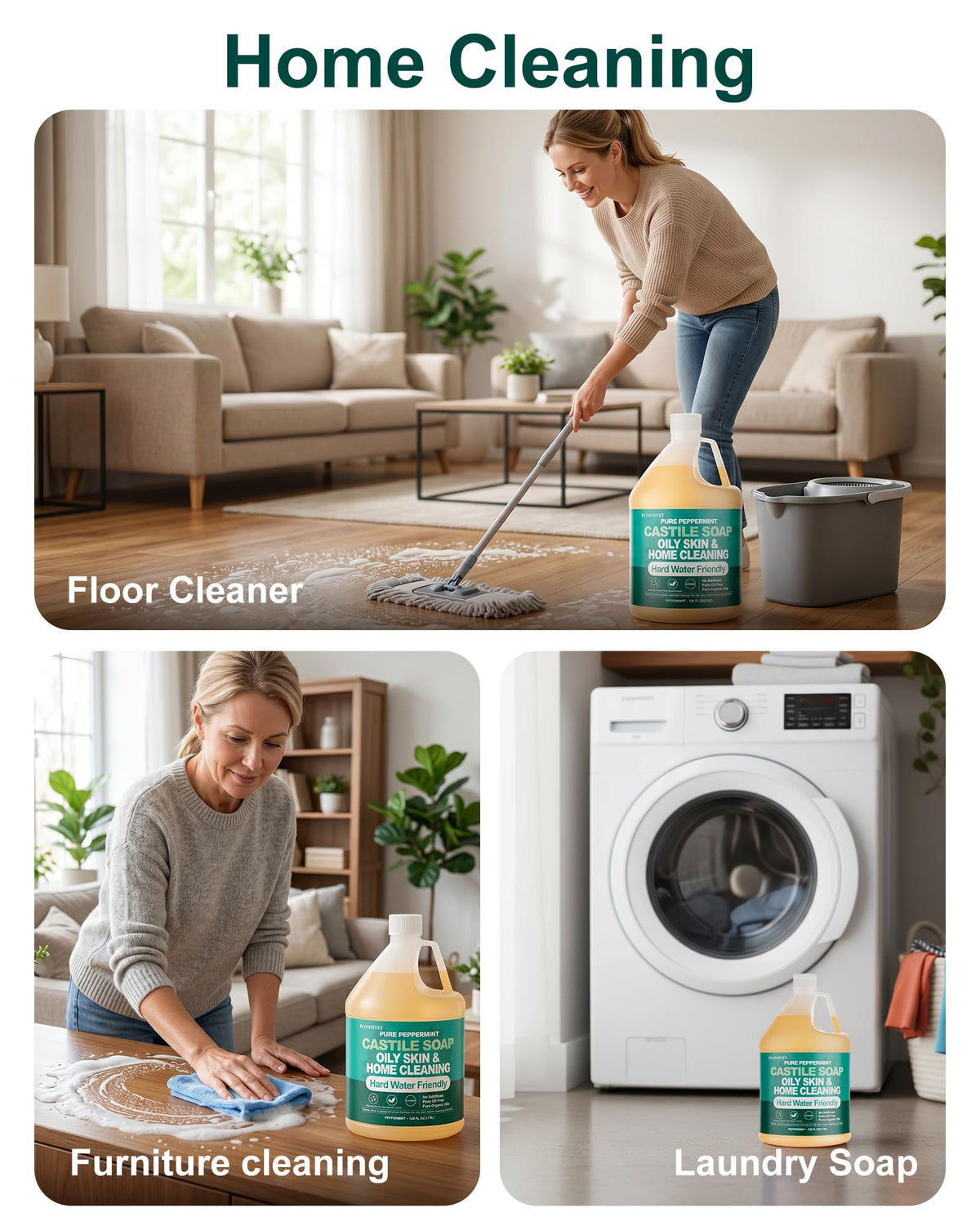 FLOWHYET cleaning bathroom counter emphasizing streak-free, hard-water performance