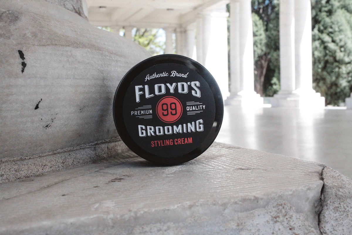 Floyd's 99 on a bathroom shelf styled with toiletries showing routine readiness