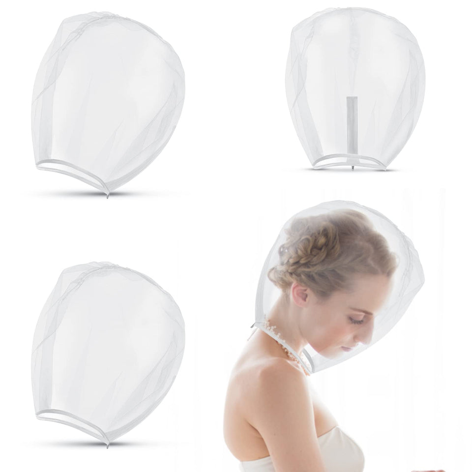 Flutesan front view hood on mannequin protecting makeup and dress