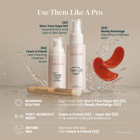 FlutterHabit bottle on bathroom shelf suggesting daily at-home lash care routine