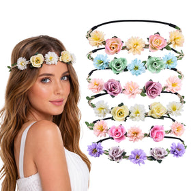 Flyouthe front view of six flower crowns showing colors and styles, versatile accessory