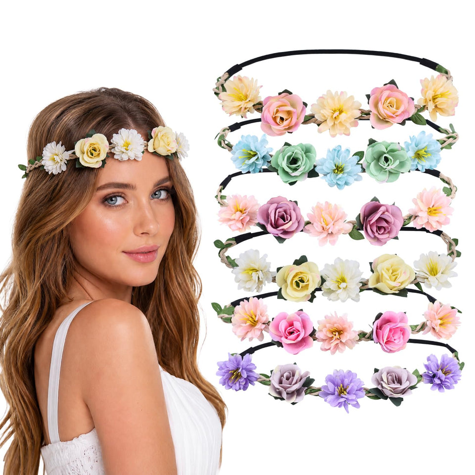 Flyouthe front view of six flower crowns showing colors and styles, versatile accessory