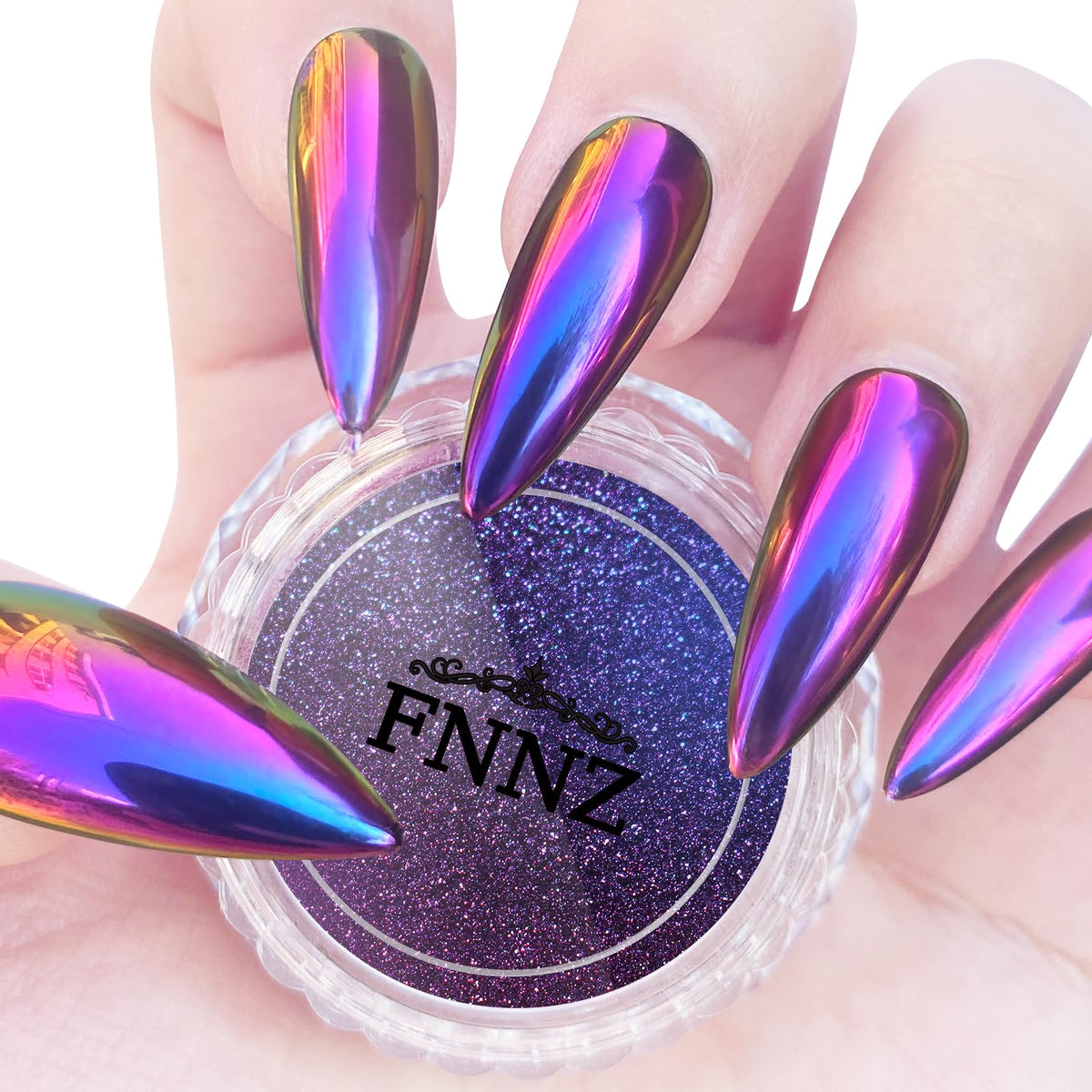 FNNZ jar front view showing chrome powder, highlights color-shift effect