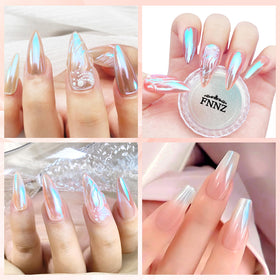 FNNZ Glacier Ocean on a set of nail tips showing multichrome finish