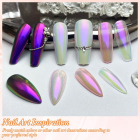 FNNZ before and after nails showing dramatic unicorn chrome transformation