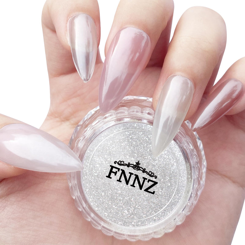 FNNZ white chrome front jar showing pearlescent pigment and label benefit