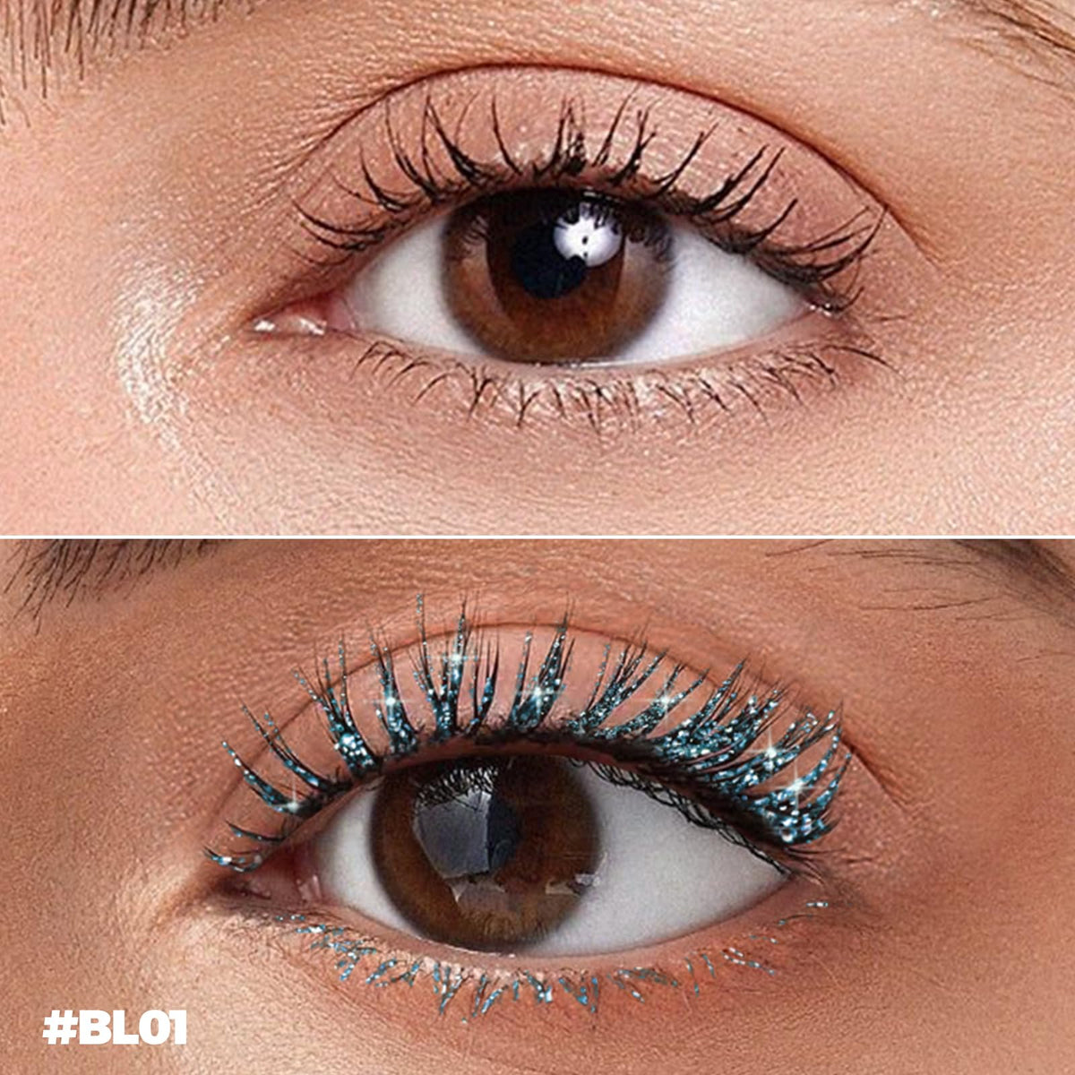 FOCALLURE applied over black mascara adds subtle blue shimmer and depth
