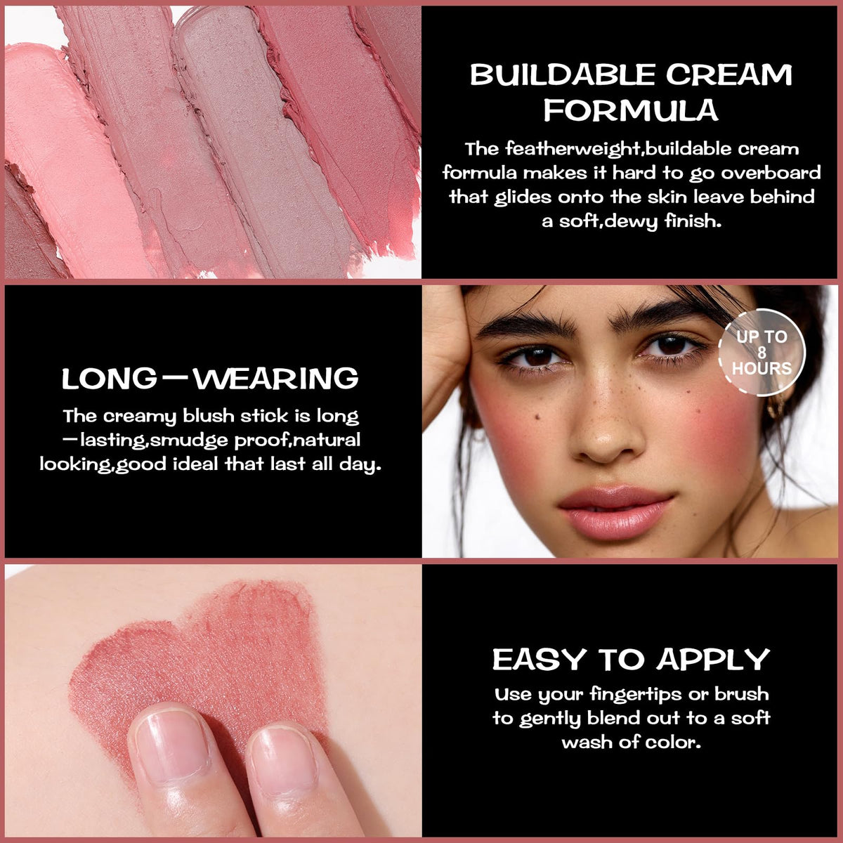 FOCALLURE Dark Rose model applying stick to cheeks demonstrating quick on-the-go touch-up