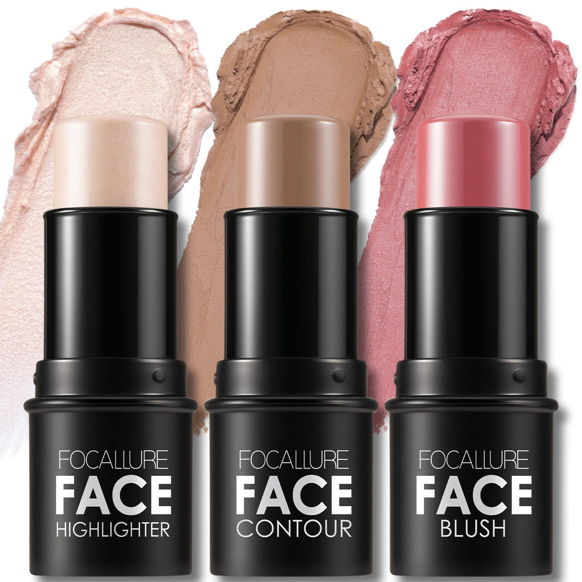 FOCALLURE front packaging showing the three cream contour sticks and compact case benefit quick selection