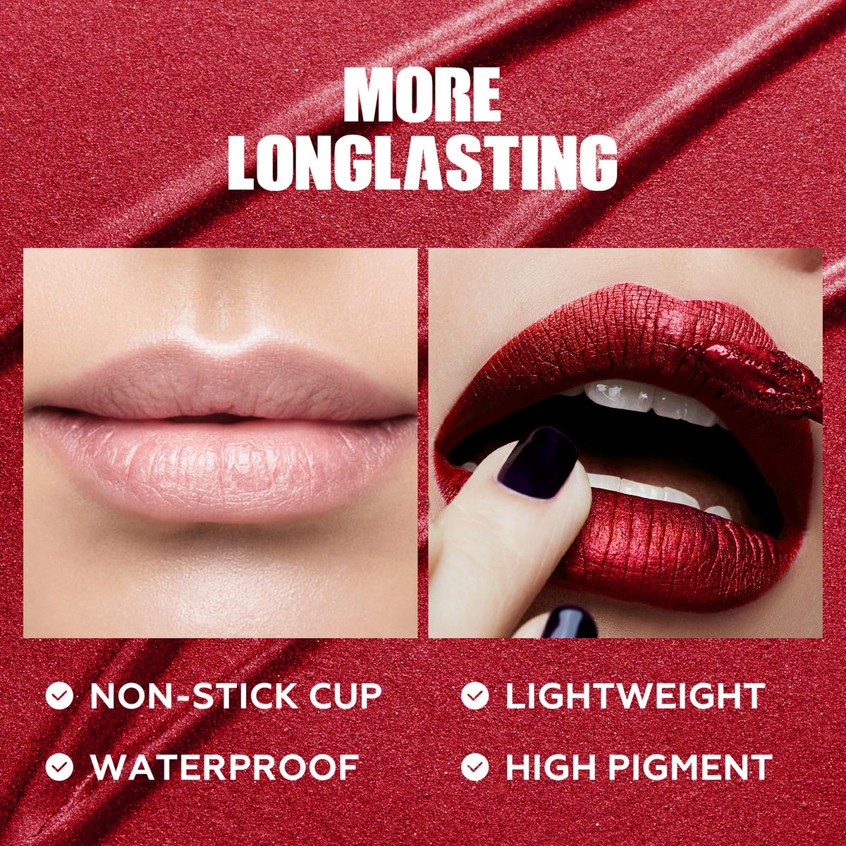 FOCALLURE model wearing lipstick shows long‑lasting radiant metallic lips