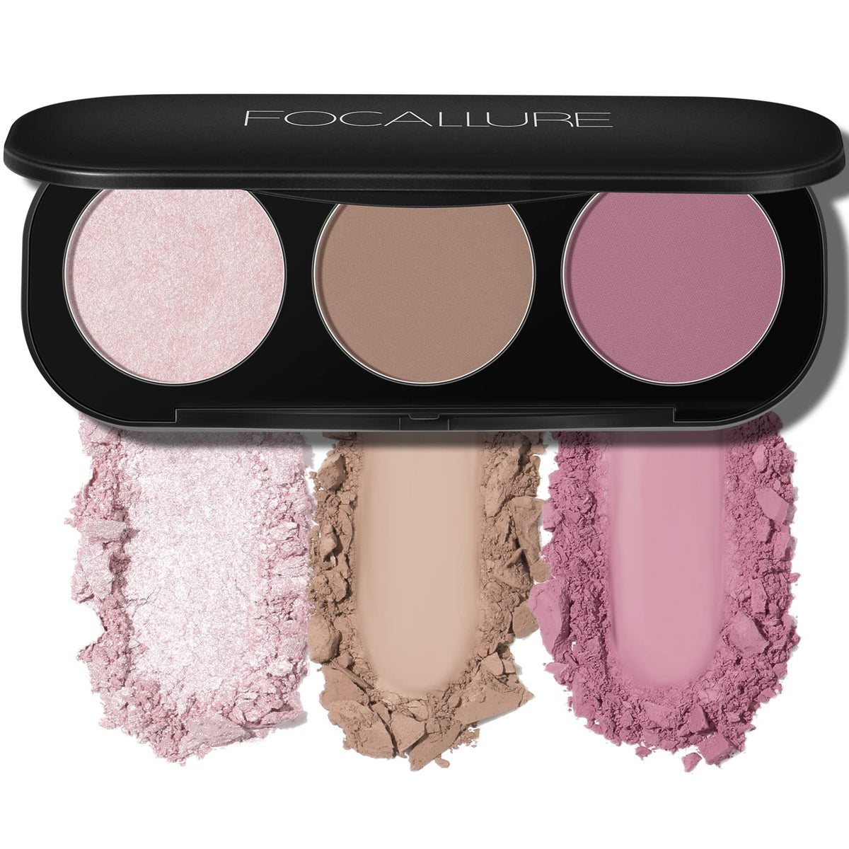 FOCALLURE palette front open showing bronzer blush and two highlighters for versatile contouring