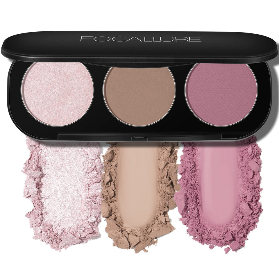 FOCALLURE palette front open showing bronzer blush and two highlighters for versatile contouring