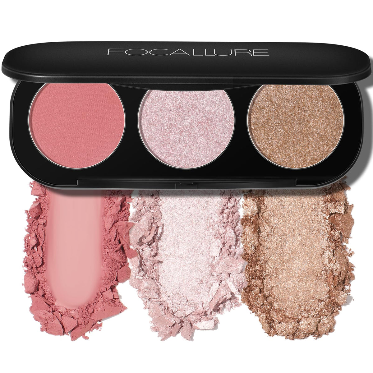 FOCALLURE palette front view showing three powders and built-in compact for travel