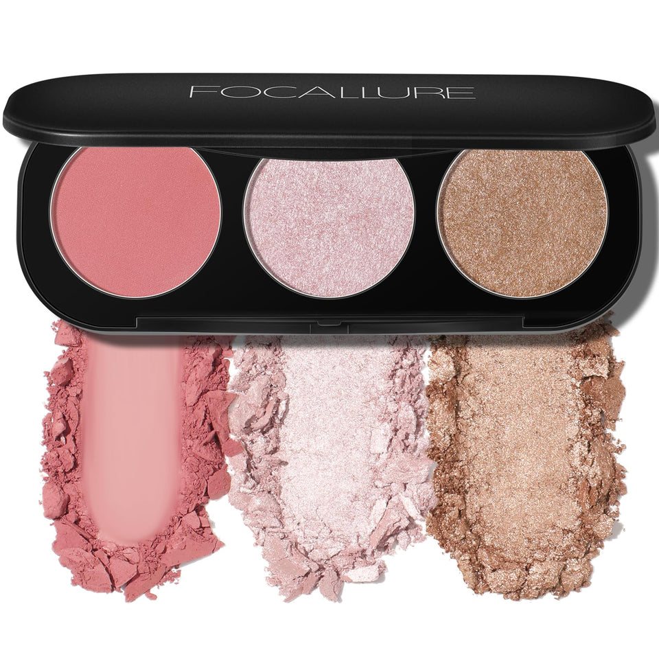 FOCALLURE palette front view showing three powders and built-in compact for travel