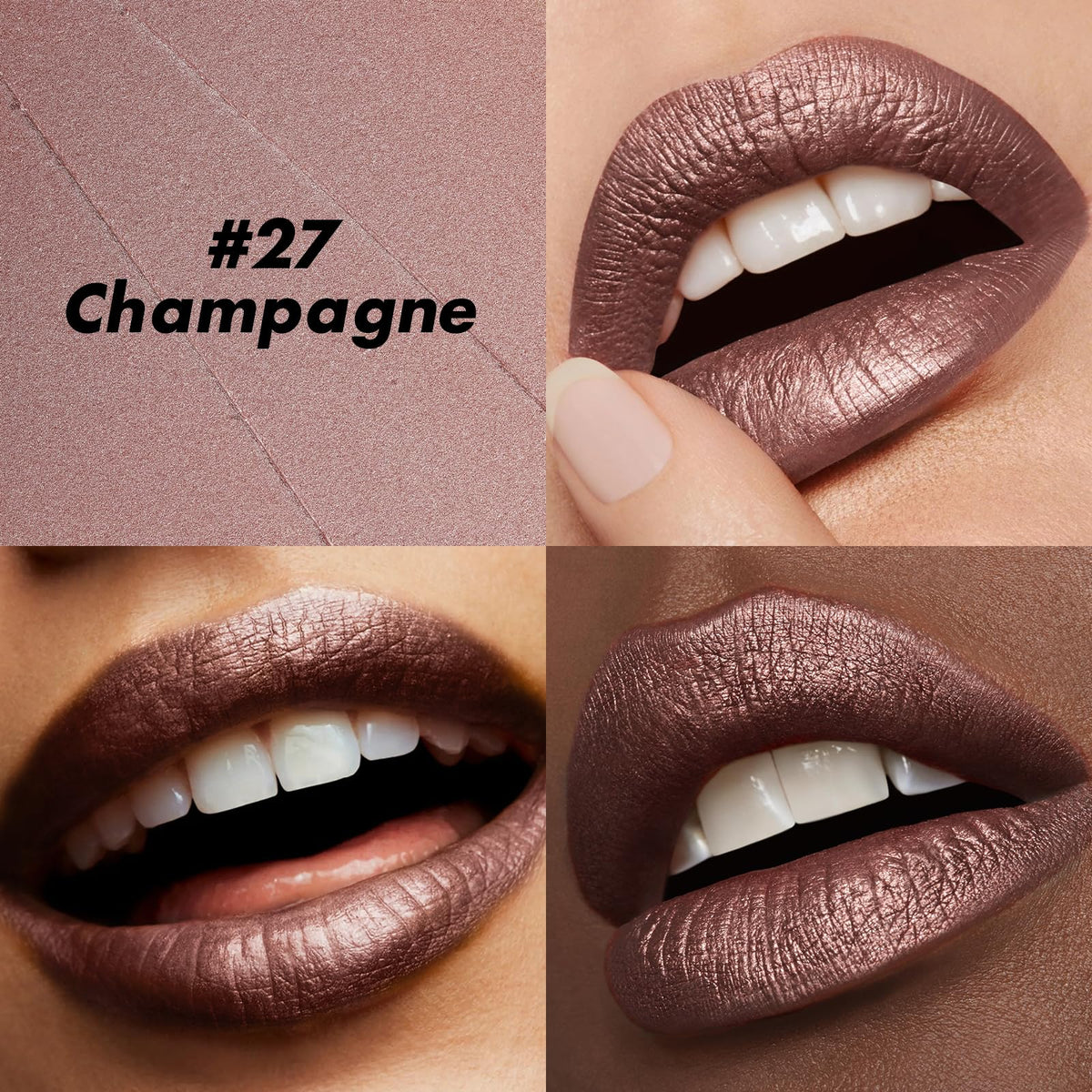 FOCALLURE texture swatch on skin showing champagne sheen and buildable coverage