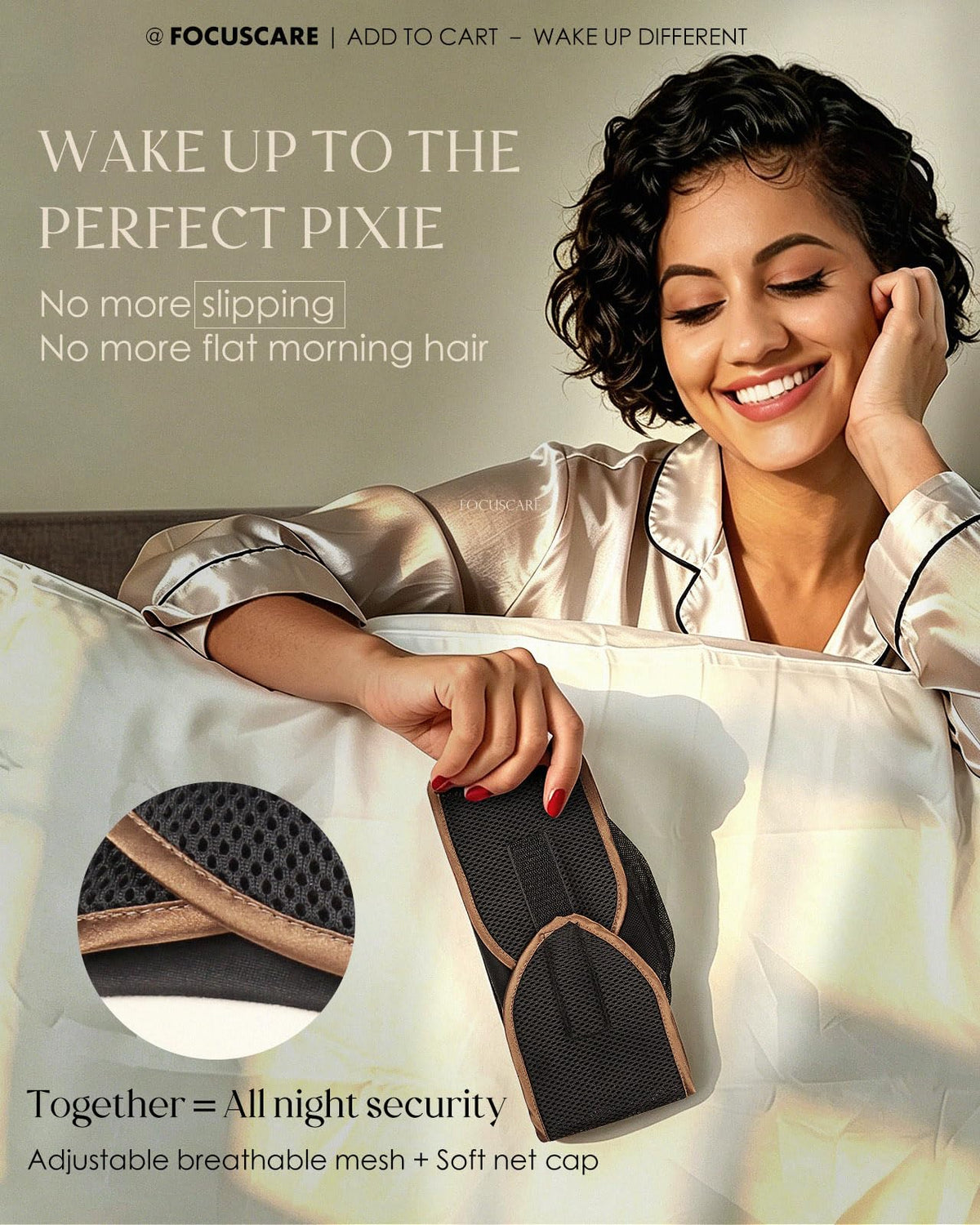 FocusCare model with pixie cut demonstrating secure overnight hold