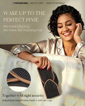 FocusCare model with pixie cut demonstrating secure overnight hold