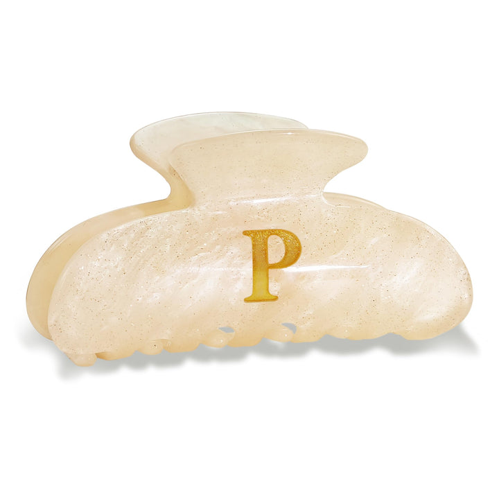 Fohufo front view of acrylic letter clip showing monogram and glitter benefit