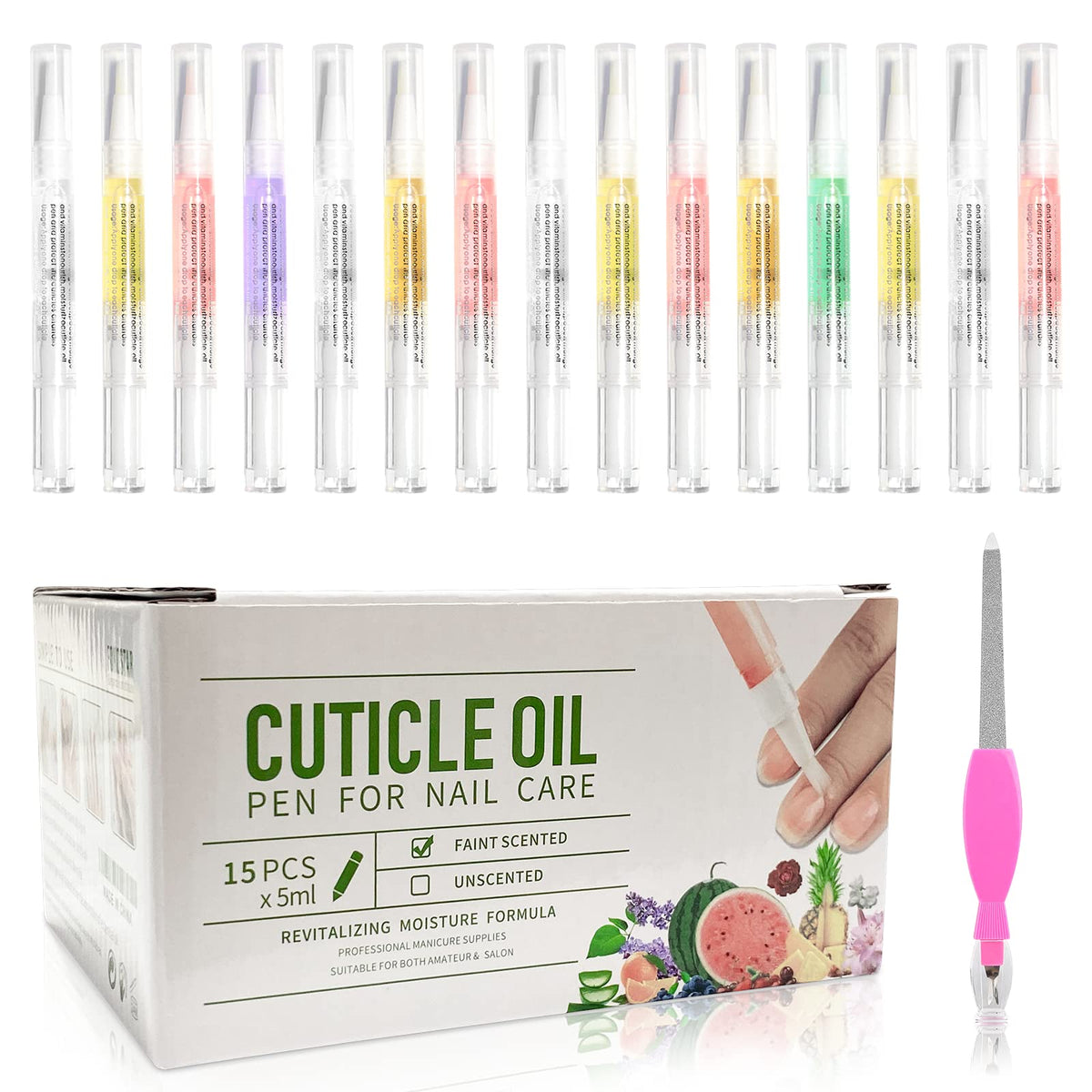 Fokostar front packaging showing 15 scented cuticle oil pens for convenient care