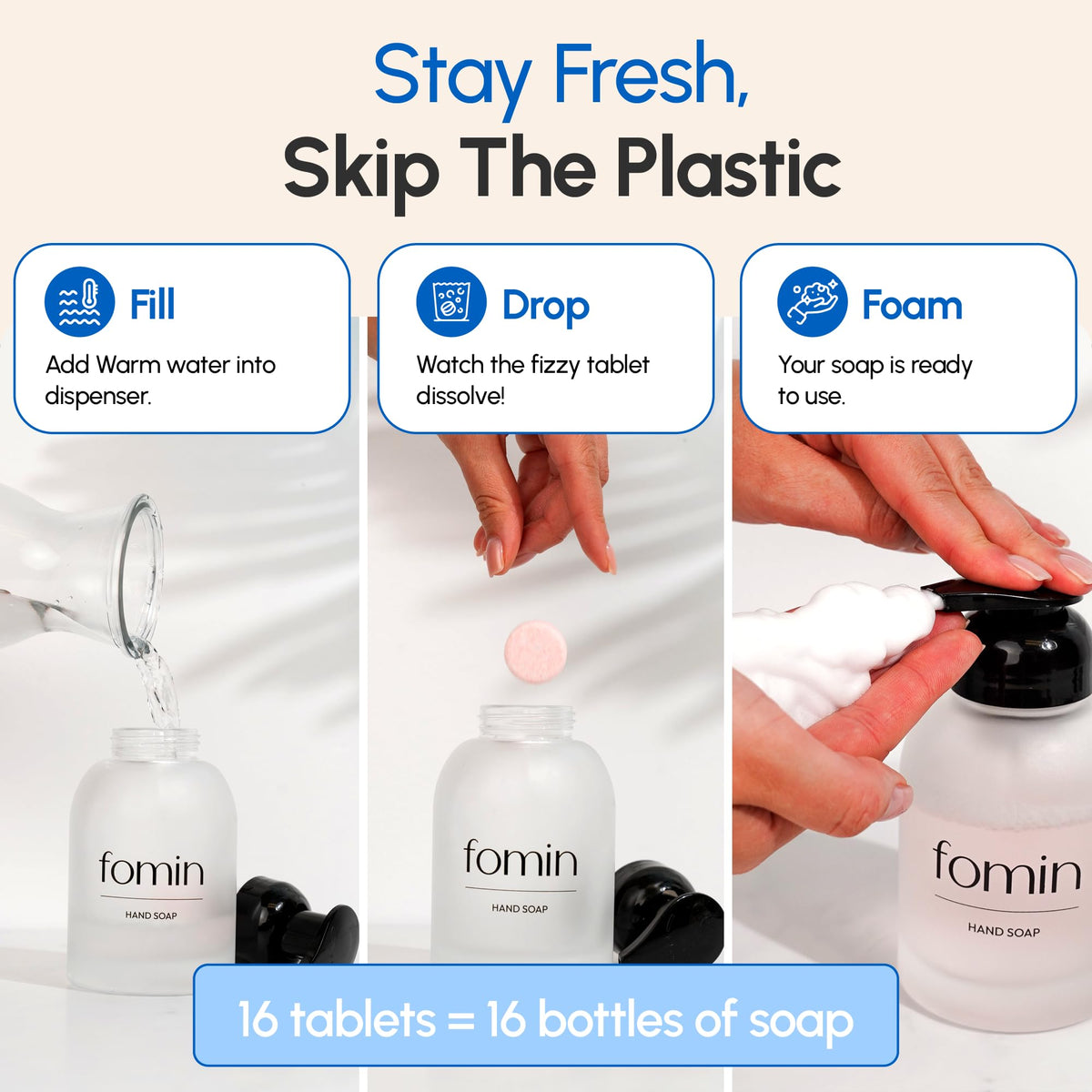 FOMIN foam dispensing from pump illustrating easy foaming refill
