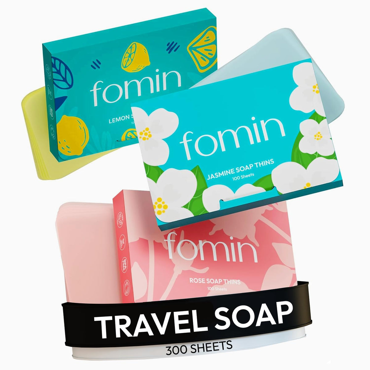 FOMIN front packaging showing 300 sheets and scents for easy travel