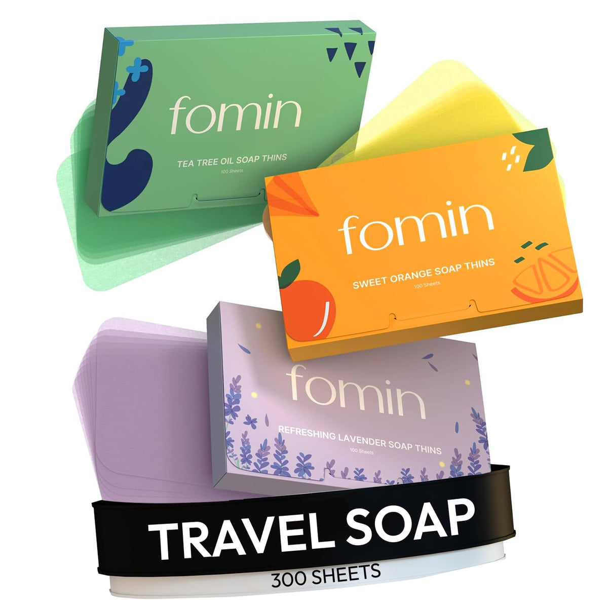 FOMIN front packaging showing compact 300-sheet travel soap, easy storage benefit