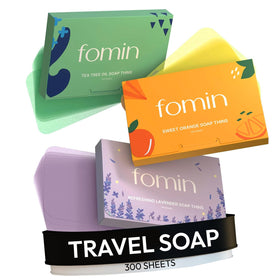 FOMIN front packaging showing compact 300-sheet travel soap, easy storage benefit