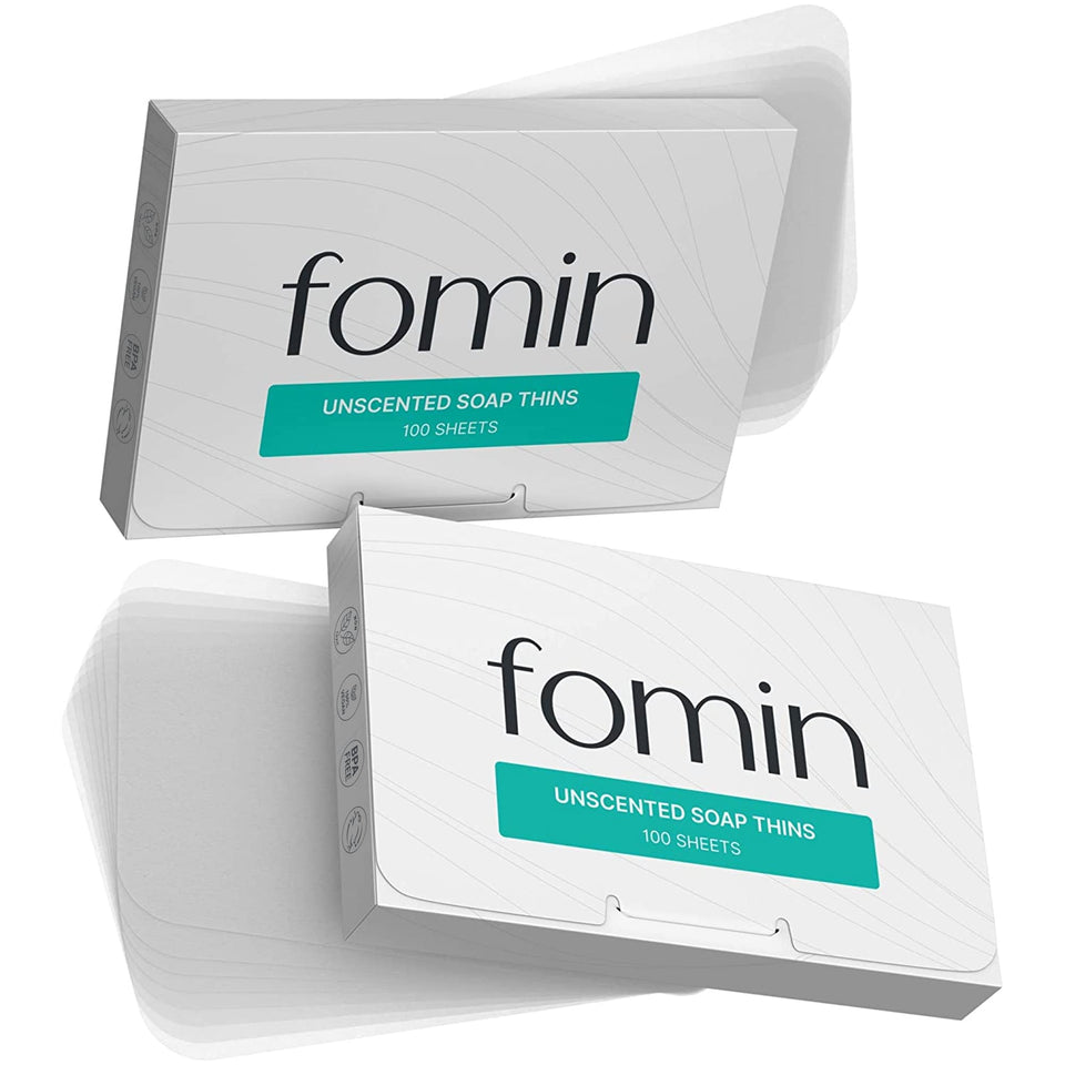 FOMIN front packaging showing compact soap sheet pack and travel-ready design