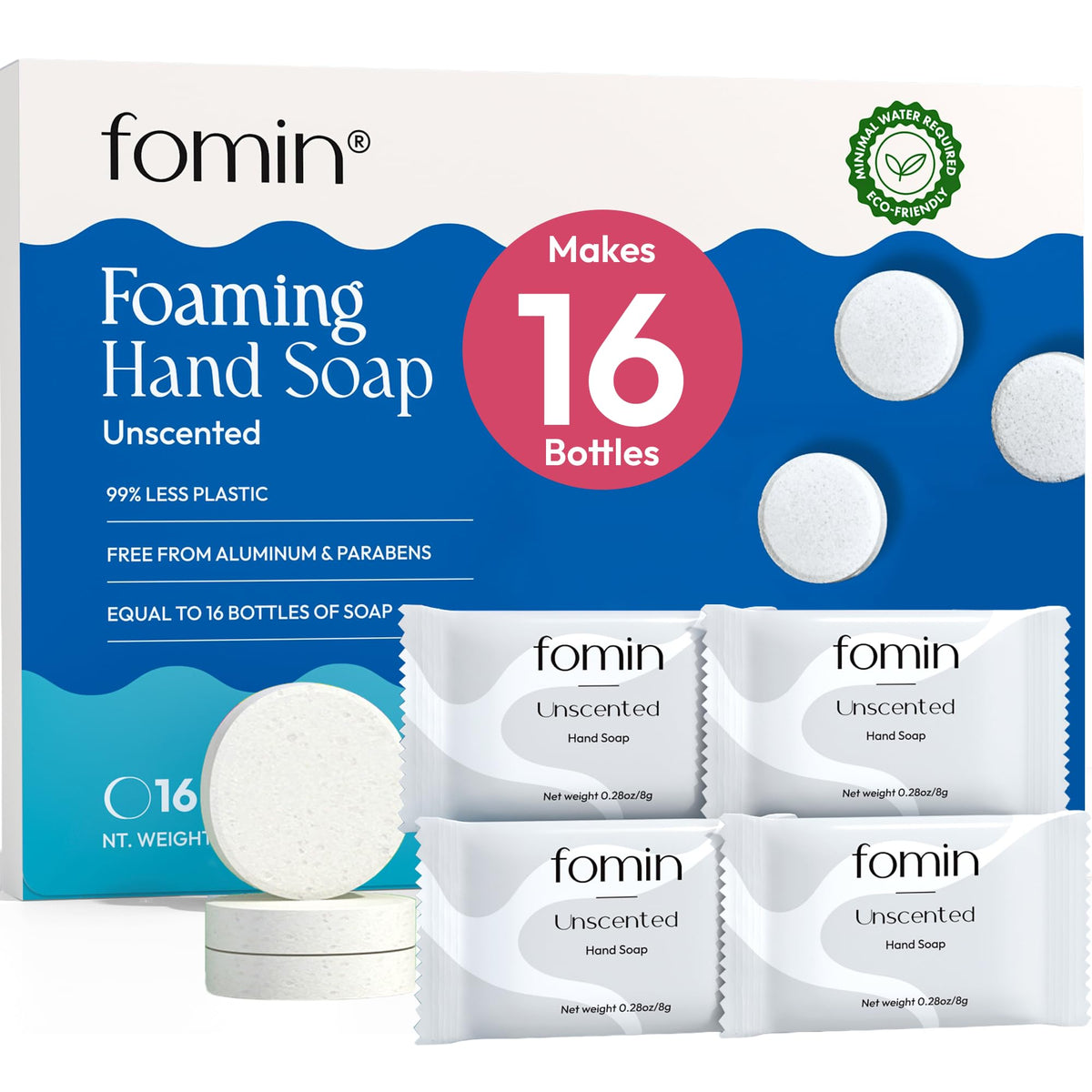 FOMIN front packaging showing 16 tablet pack and refill benefit