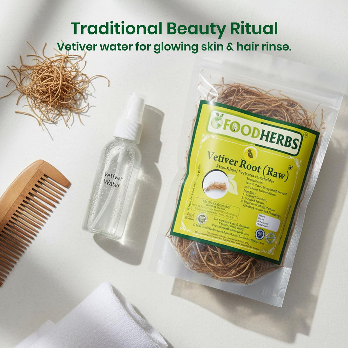 Foodherbs vetiver roots steeping in bath scene for cooling aromatic soak
