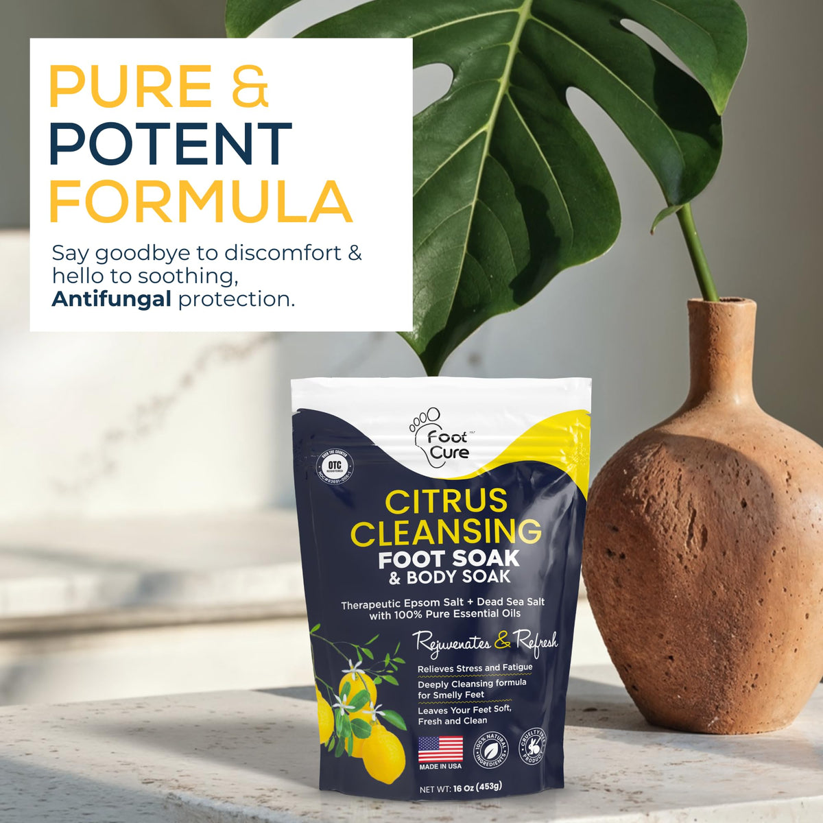 FOOT CURE jar on towel in relaxing bathroom for spa-style experience
