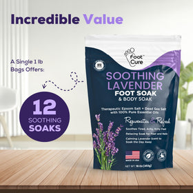 FOOT CURE Epsom salts jar close-up showing fast-dissolving salt benefit