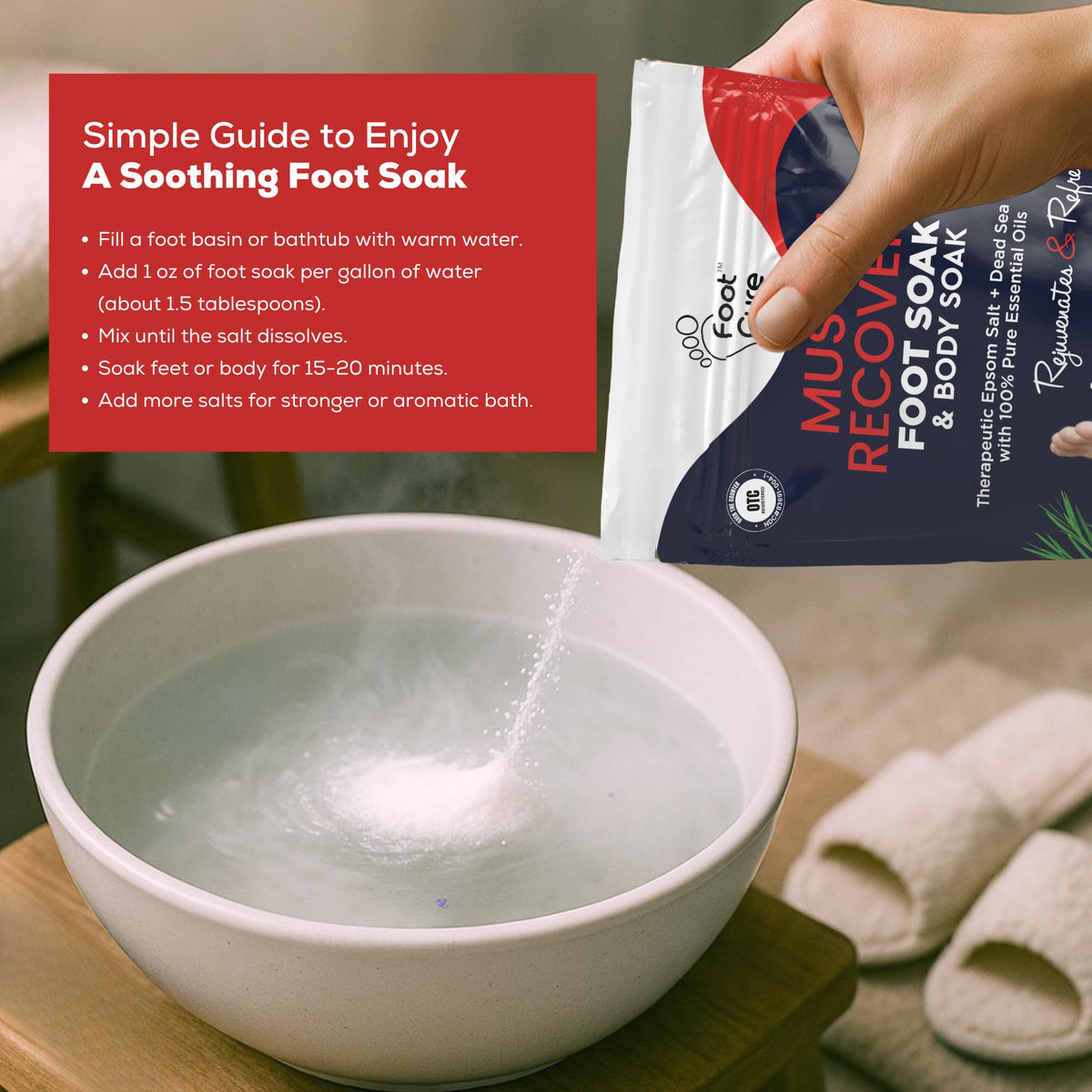 FOOT CURE in a bathroom spa setting demonstrating relaxing routine