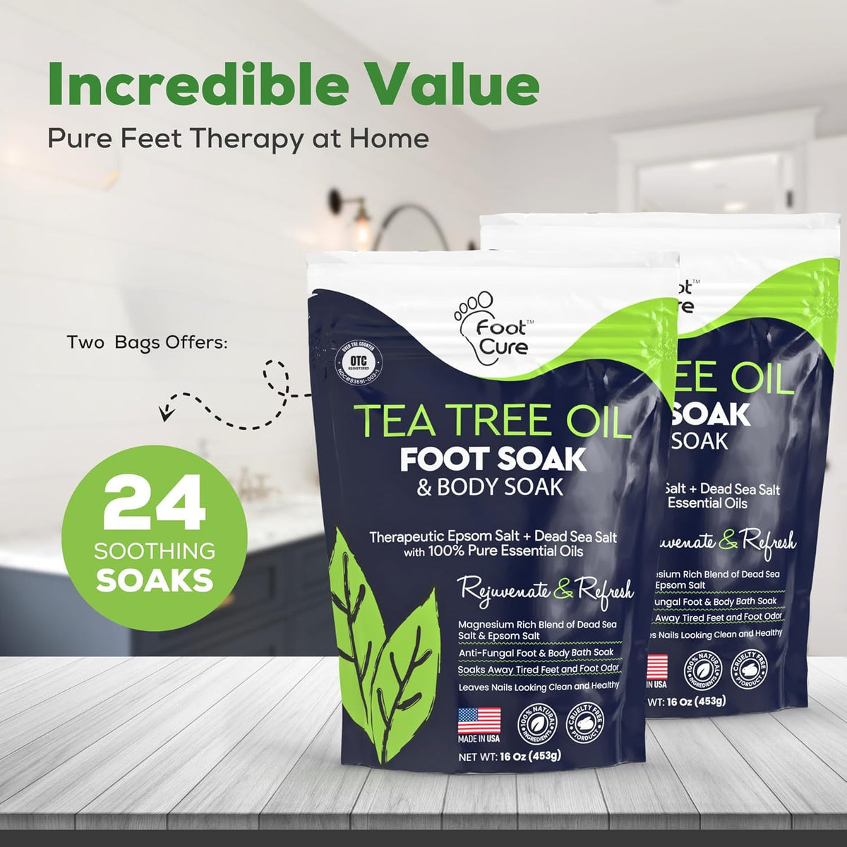 FOOT CURE pouring salts into basin demonstrating easy at-home use