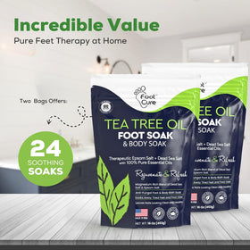 FOOT CURE pouring salts into basin demonstrating easy at-home use