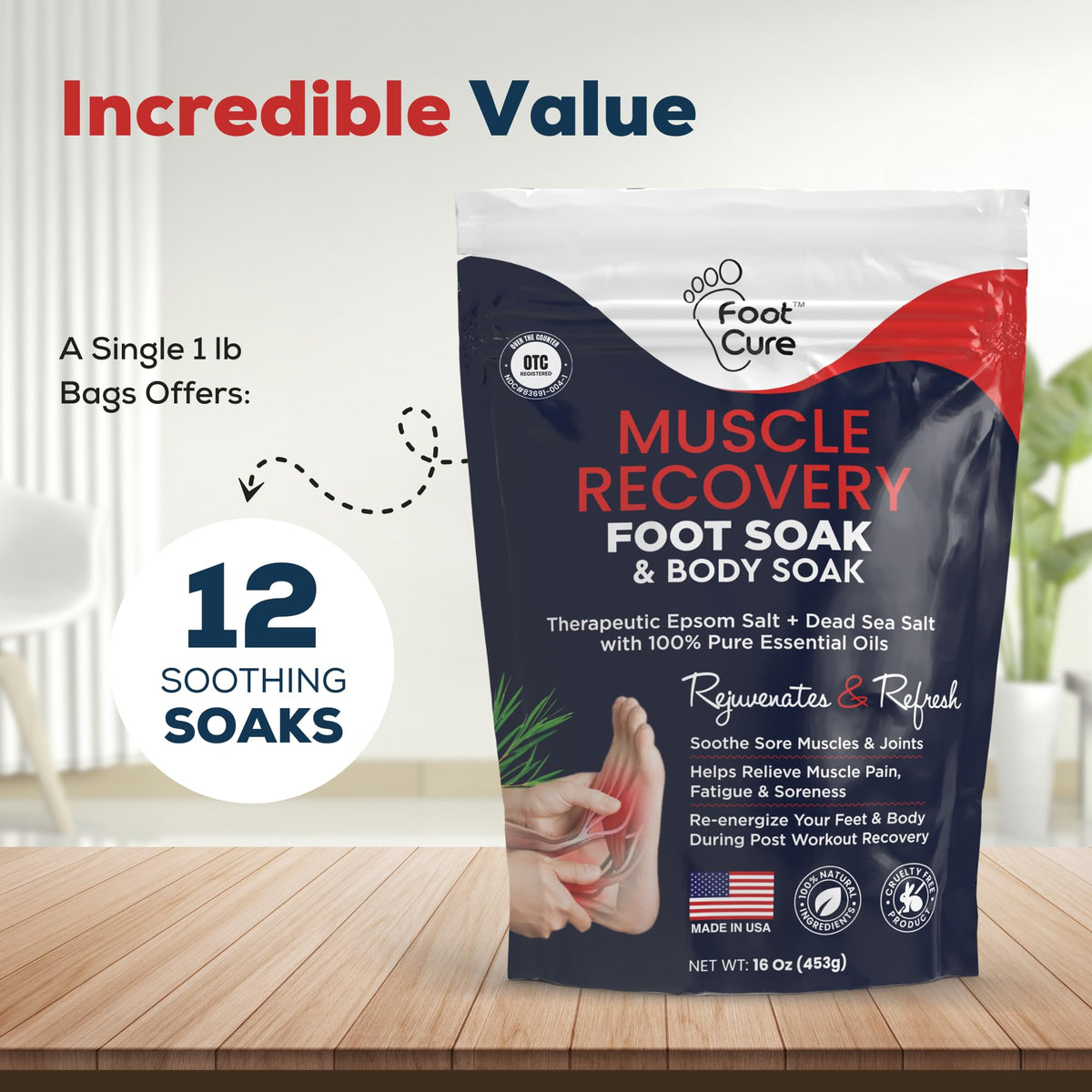 FOOT CURE pouring salts into a foot basin to prepare a relaxing soak
