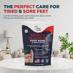 FOOT CURE pumice tool next to soak showing pedicure prep