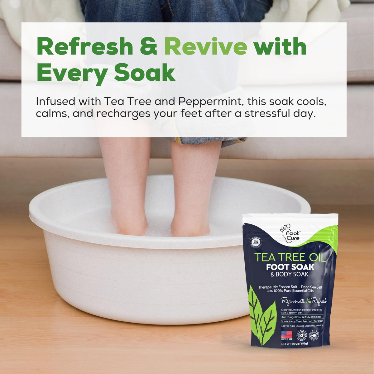 FOOT CURE lifestyle bathroom scene showing relaxing self-care routine